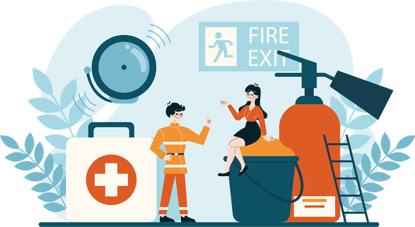 Woman and man working on fire and safety  イラスト