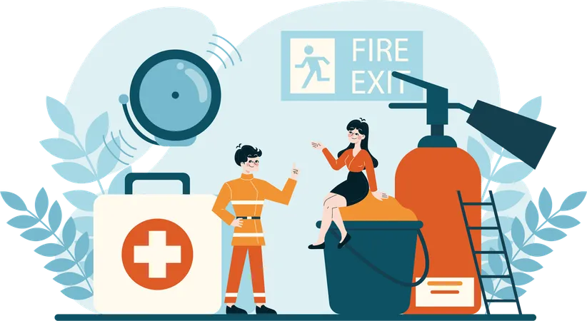 Woman and man working on fire and safety  Illustration