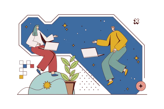 Open Space Concept With Character Situation In Flat Design Woman And Man Working On Laptops Communicate And Doing Project Tasks In Coworking Office Vector Illustration With People Scene For Web イラスト