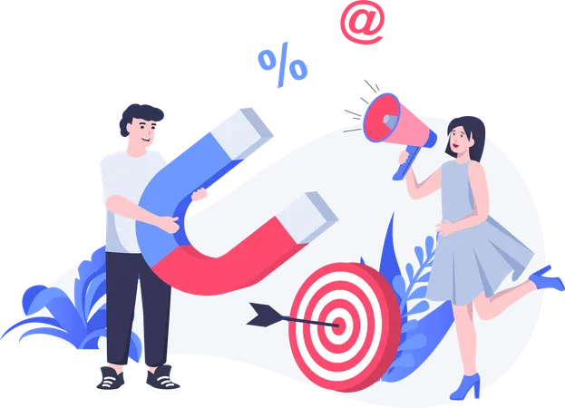Woman and man working on marketing target  Illustration