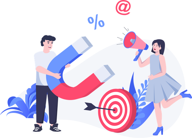 Woman and man working on marketing target  Illustration