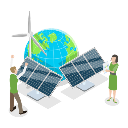 Woman and man working on renewable energy  Illustration