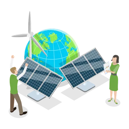 Woman and man working on renewable energy  Illustration