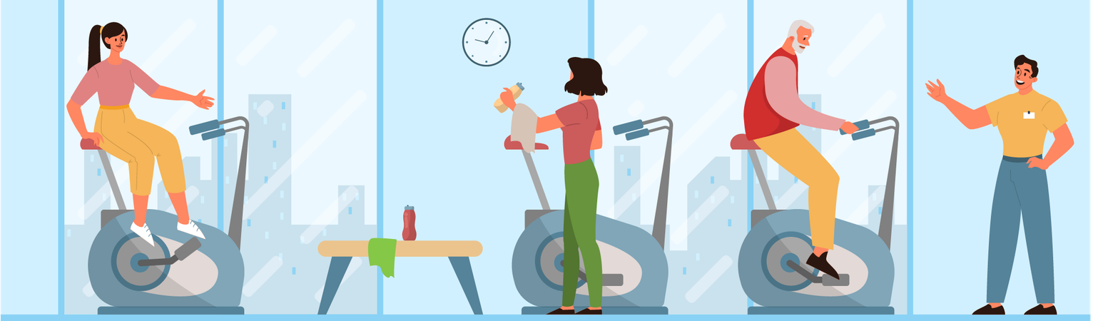 Woman and old man doing cycling in gym  Illustration
