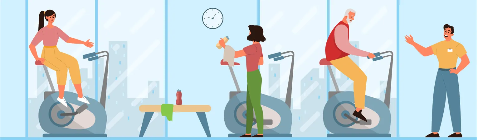 Woman and old man doing cycling in gym  Illustration