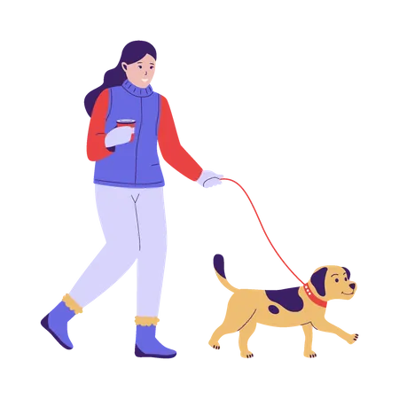 Woman And Pet In Winter Season Flat Design Illustration Illustration