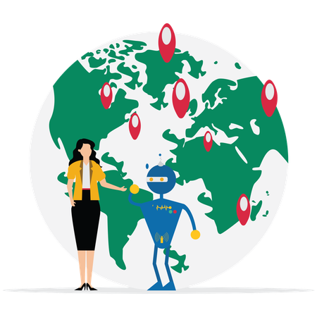 Woman and robot showing international business growth  Illustration