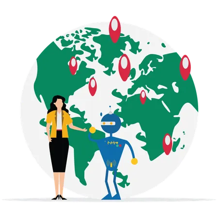 Woman and robot showing international business growth  Illustration