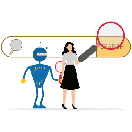 Woman and robot using magnifier doing internet search  Illustration