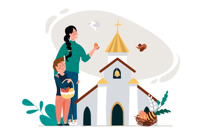 Woman and son celebrate easter day  Illustration