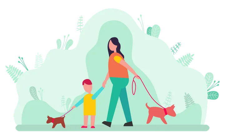 Woman And Son Walking With Dogs On Collars Isolated On Blurred Green Background Of Leaves And Plants Vector Mother And Boy Hold Pet On Lead Cartoon Style Illustration