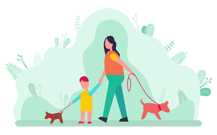 Woman and son walking with dogs  Illustration