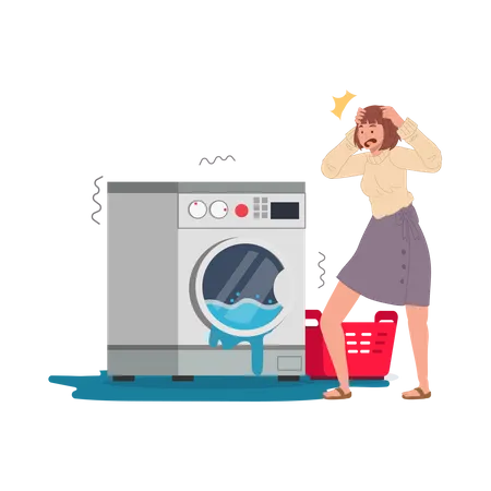 Woman and washer with leakage  Illustration