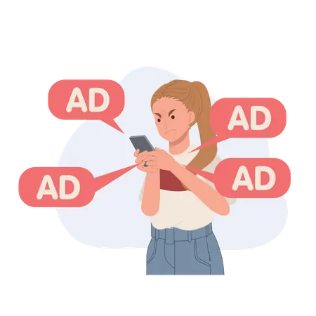 Woman Feel Angry And Annoying With Ads Notifications From Smartphone App Internet Ad Spam Vector Illustration Illustration