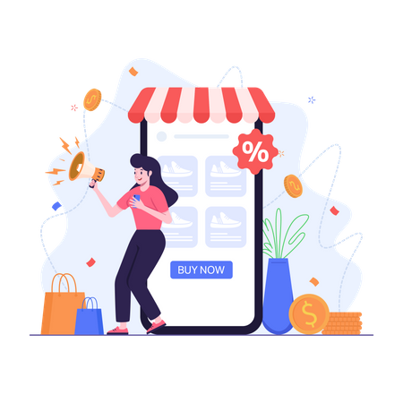 Woman announces discount offer  Illustration