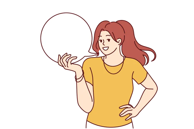 Woman Is Holding White Speech Bubble Symbolizing Good Idea Or Interesting Offer Girl With Empty Dialogue Cloud Is Happy To Share Idea Calling For Joint Discussion Of Important Issue Illustration