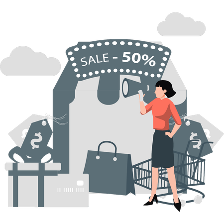 Woman announcing 50 percentage discount on shopping  イラスト