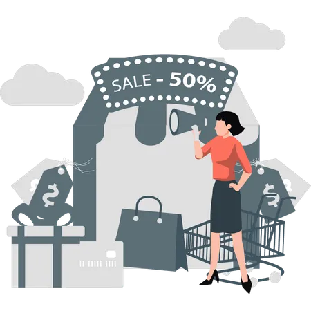 Woman announcing 50 percentage discount on shopping  Illustration