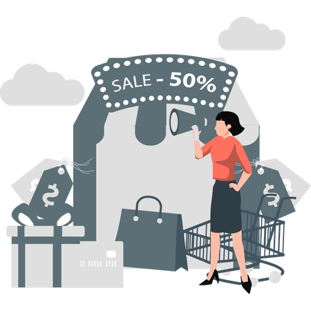 Woman announcing 50 percentage discount on shopping  Illustration