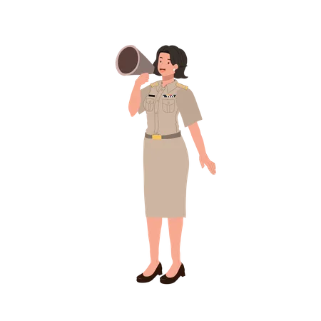 Female Thai Government Officers In Uniform Woman Thai Teacher Using Megaphone Vector Illustration Illustration