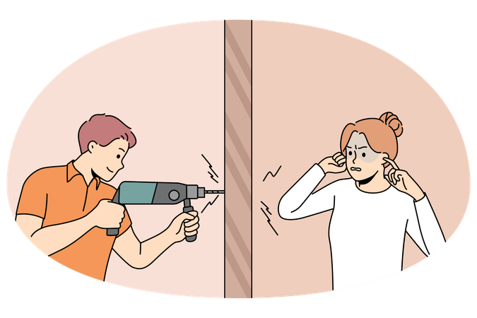 Woman annoyed with loud neighbor drilling  Illustration