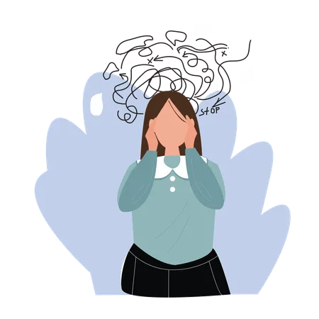 Woman Headache Or Anxiety Attack Crisis Frustrated Woman With Nervous Problems Feeling Confused Anxiety Of Depressed Woman Vector Concept Deep In Thought Head Touching Vector Illustration Illustration
