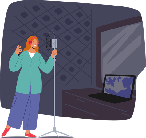 Woman Appears To Be  Voice Actor Standing In Soundproof Studio With Microphone  Illustration