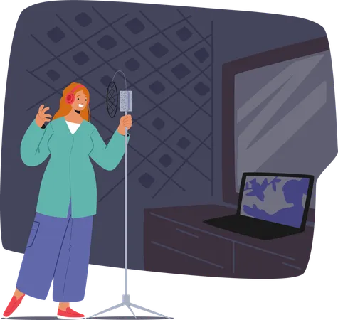 Woman Appears To Be  Voice Actor Standing In Soundproof Studio With Microphone  Illustration