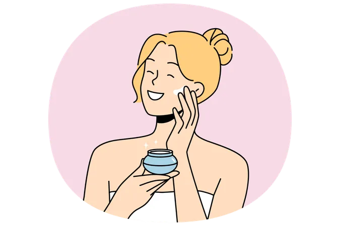 Woman applies anti-aging cream to face to stay beautiful  Illustration