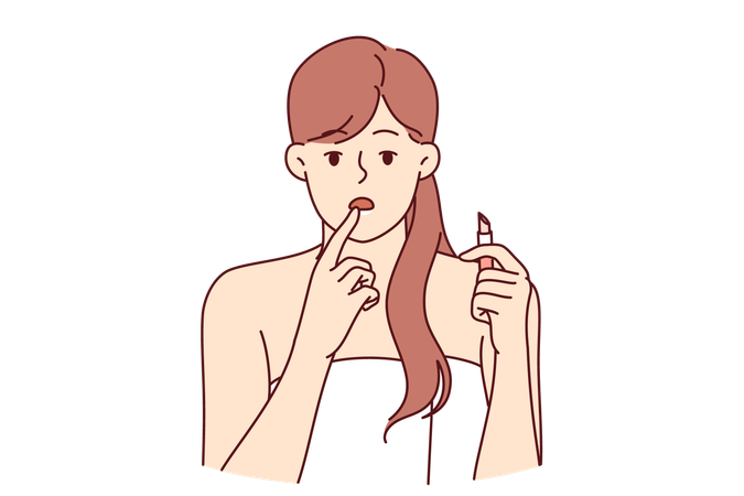 Woman applies lip balm on her lips  イラスト