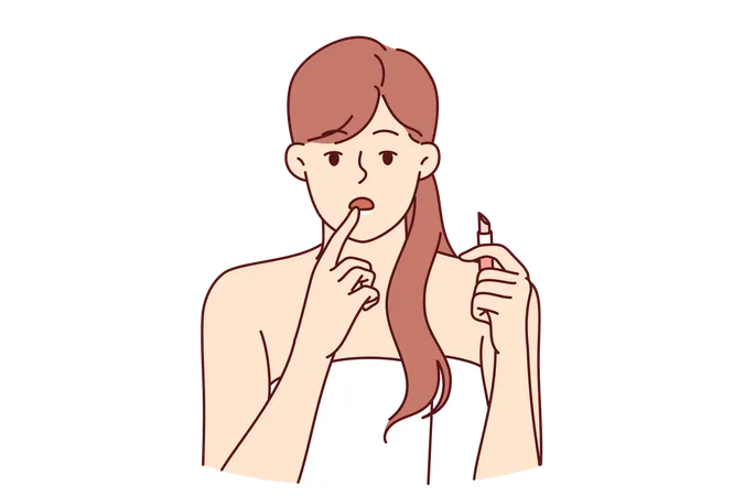 Woman With Lipstick In Hand Embarrassment Looks At Screen Instead Of Mirror And Needs Healing Lip Balm Girl In Bath Towel Uses Hygienic Lipstick After Shower And Recommends Using Cosmetics イラスト