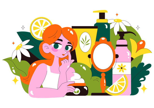 Woman applies Organic Skin Care cream  Illustration