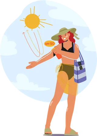 Woman Character Applies Sunscreen On The Beach Using Hand To Rub Lotion Onto Skin Protecting From Harmful Uv Rays Avoiding Sunburn And Skin Damage Cartoon People Vector Illustration 일러스트레이션