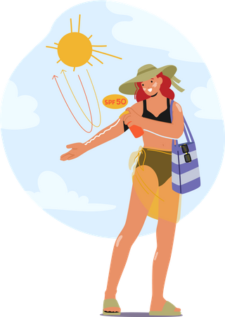 Woman Applies Sunscreen On the Beach  Illustration