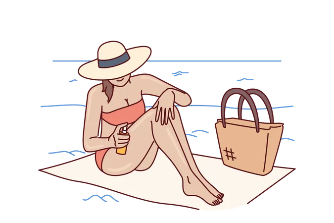 Woman applies sunscreen to protect herself from sun  イラスト