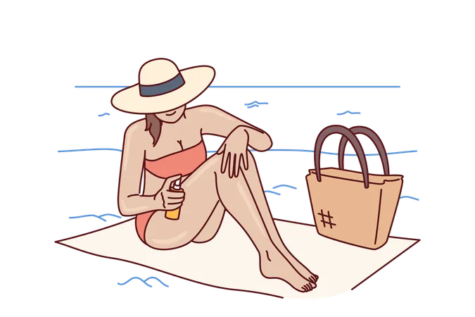 Woman applies sunscreen to protect herself from sun  Illustration