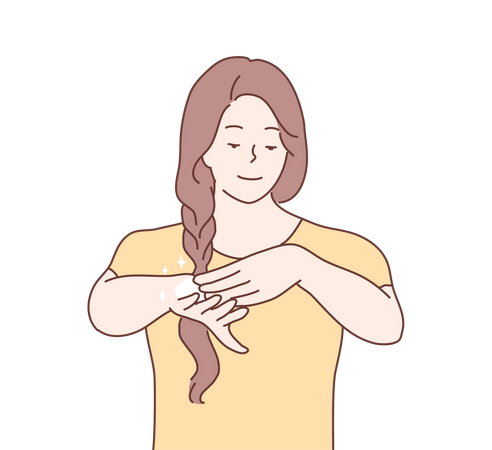Woman apply cosmetic cream on hand  Illustration