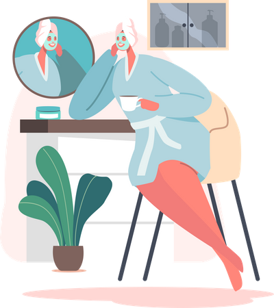 Woman apply face mask and waiting for washing Illustration