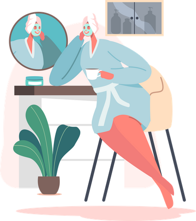 Woman apply face mask and waiting for washing  Illustration