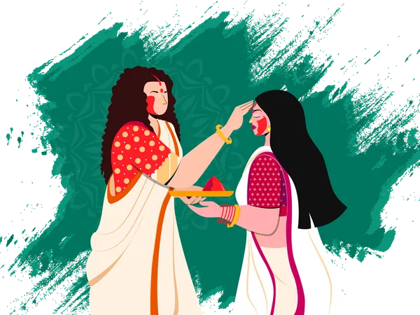 Woman apply gulal on each other on occasion of durga puja  Illustration