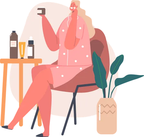 Body And Face Care Concept Young Woman Apply Cosmetics Mask Female Character With Cosmetic Jars And Bottles On Table Apply Moisturizing Spa Hygiene Routine Procedure Cartoon Vector Illustration Illustration