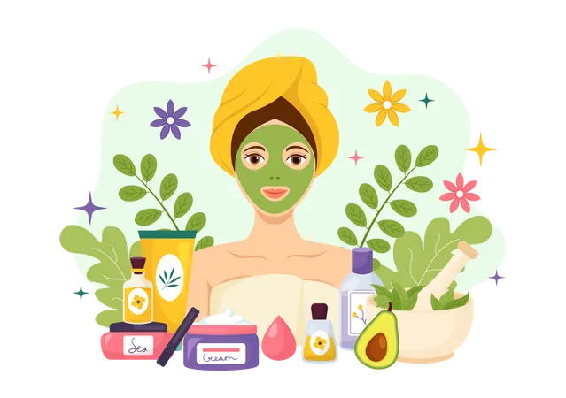 Natural Skin Care Vector Illustration Of Women Applying Cosmetics Face Skincare Products With Organic Ingredients In Flat Cartoon Background Template Illustration