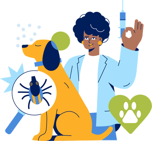 Woman applying injection to dog to remove tick  Illustration