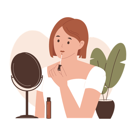 Woman Applying Lip Gloss in Front of Mirror  Illustration