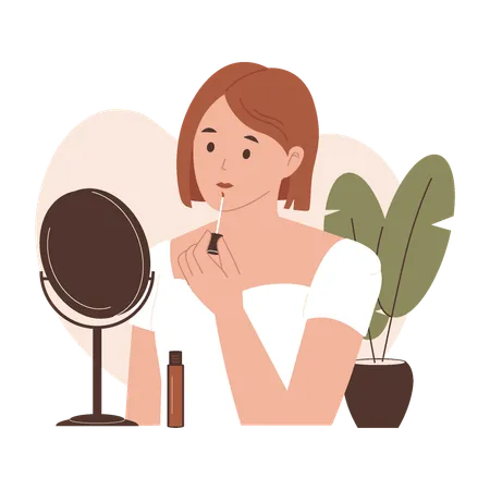 Woman Applying Lip Gloss in Front of Mirror  Illustration