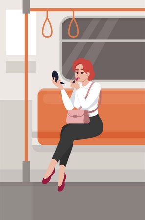 Woman applying lipstick in train  Illustration