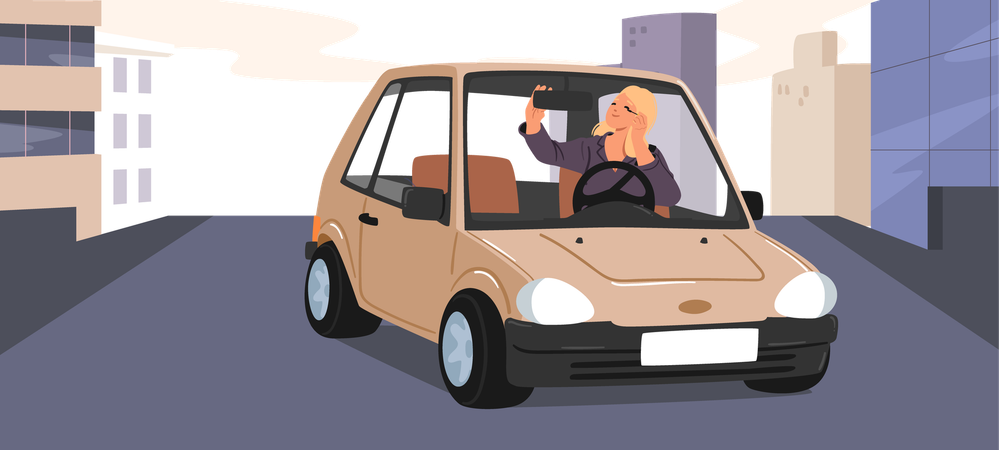 Woman applying mascara doing makeup during driving car risky situation on road  Illustration