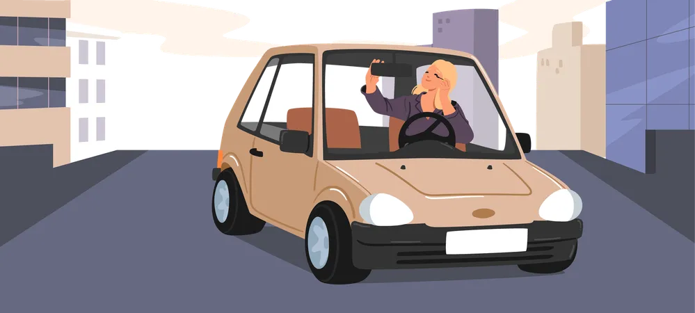 Woman applying mascara doing makeup during driving car risky situation on road  Illustration