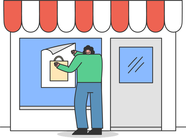 Woman Applying Poster on Shop  Illustration