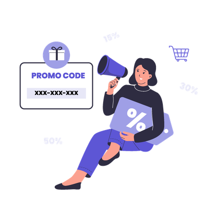 Woman applying Promotional with Discount Codes and Megaphone  Illustration